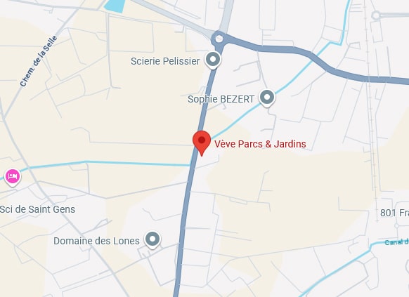 Localisation Vève Parcs & Jardins et environs Carte indiquant l'emplacement de Vève Parcs & Jardins, près de Sophie BEZERT et Scierie Pelissier, le long du Chem. de la Selle.