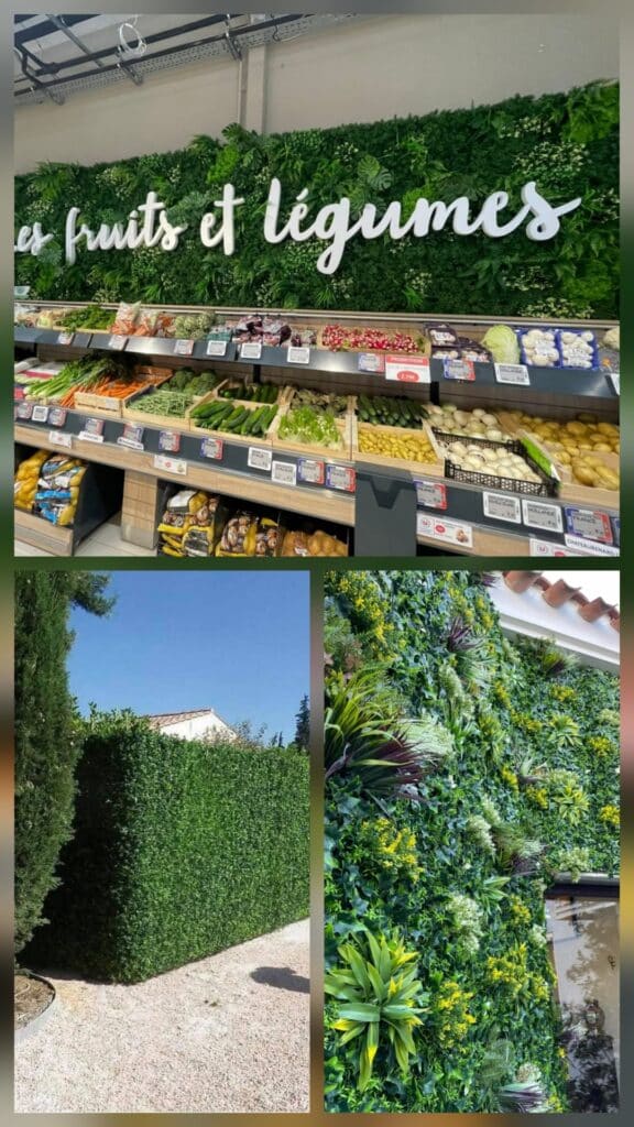 Mur végétal 'fruits et légumes', haie de jardin et feuillage synthétique pour une décoration naturelle et durable.